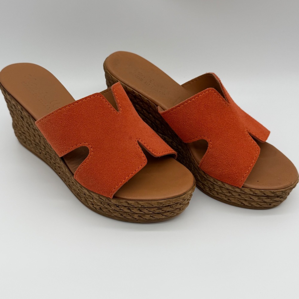 Mariella Italy Orange Suede H-Cutout Rope Platform Wedge Sandals Womens 38